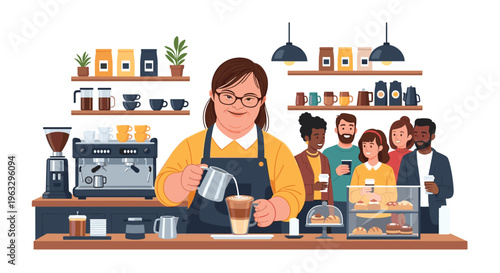 A smiling woman with Down syndrome, wearing a yellow apron, works as a barista, pouring milk into a latte at a busy coffee counter in a cafe.