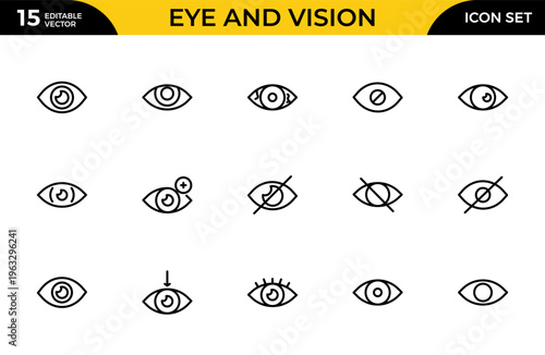 Eye and Vision Line Icon Set – Optical, Sight, Anatomy and Perception Outline Icons Collection, Editable Vector Illustration