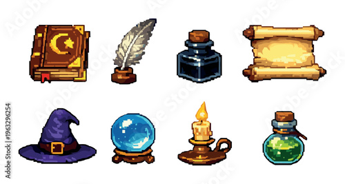 Witchcraft writing tools and mystical items on neutral backdrop