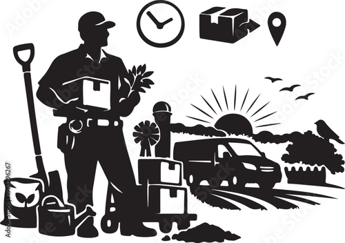 A courier standing with delivery packages in a rural landscape