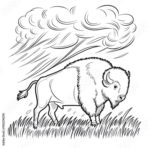 A bold bison stands amidst a storm with heavy clouds and raindrops surrounding it in nature isolated on white background, Vector, illustration