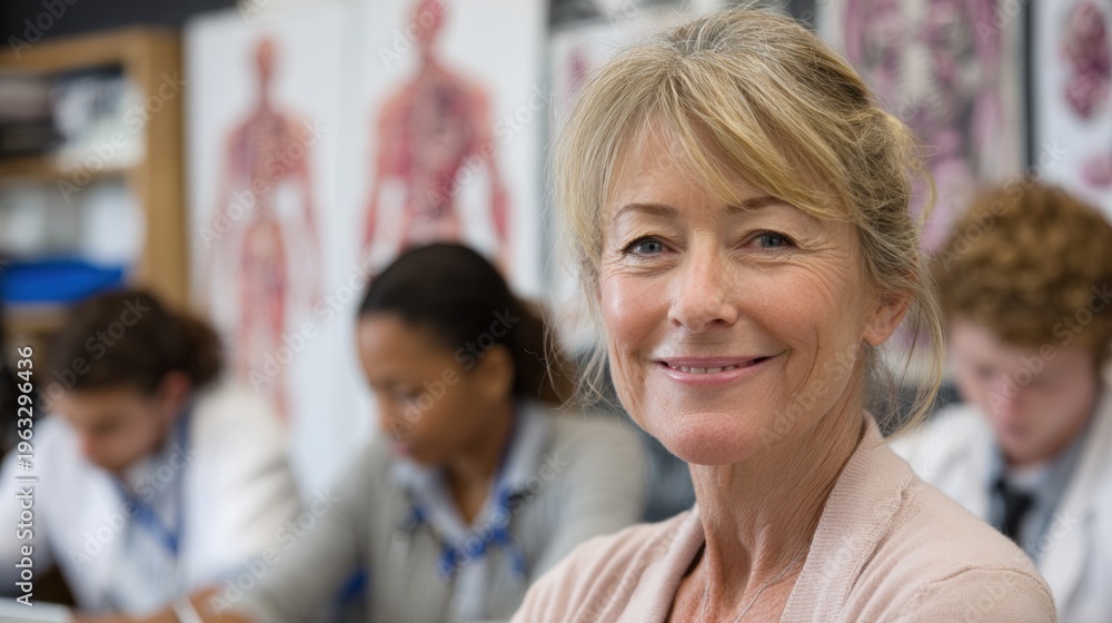 Obraz premium Woman Studying Anatomy in Healthcare Training Program With Classmates in a Bright Classroom Setting