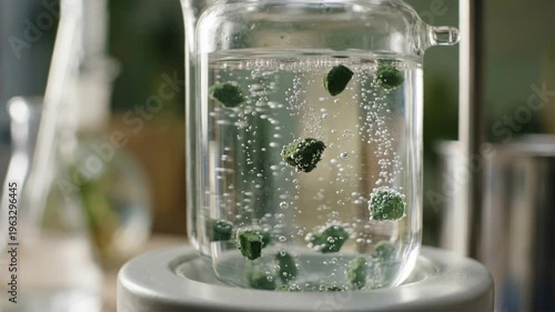 Wallpaper Mural Green catalyst particles bubbling in glass reactor laboratory solution showing sustainable green chemistry effervescent particle bubble reaction Torontodigital.ca
