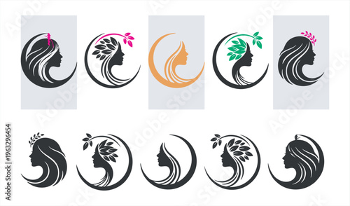 beauty design with women's hairstyles, Elegant Beauty Salon Logo Design with Woman's Profile, Rose and Lavender Accents for a Sophisticated and Natural Aesthetic, Face silhouette of a beautiful girl w