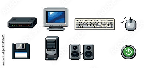Computer hardware icons arranged in rows on gray background