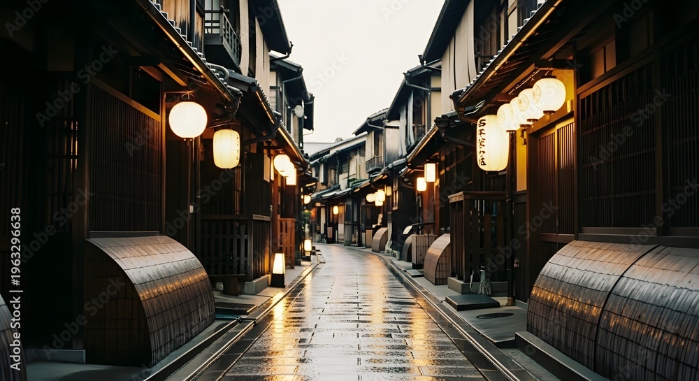 Obraz premium Traditional narrow street in kyoto district with paper lanterns glowing at wet night time.