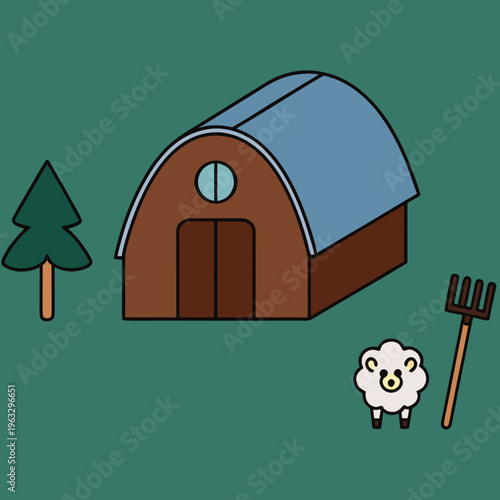 Simple illustration of a brown barn a tree a sheep and farming tools