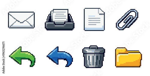 Pixel icon set showing mail and file actions on gray background
