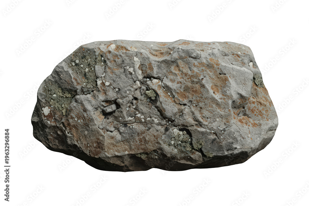 Obraz premium Rough stone boulder with lichen and moss growing, raw natural rock texture, isolated on transparent background