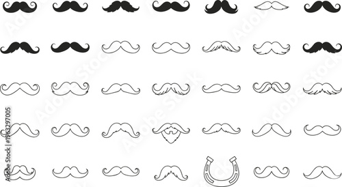 Colorful vector illustration of mustache styles symbolizing fashion, grooming, and character design