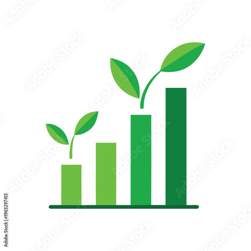 Minimal green eco graph bars growing into leaves sustainability growth concept Line Art Vector illustration