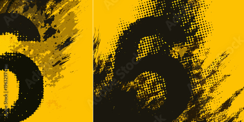 Abstract black and yellow design featuring bold distressed numeral forms