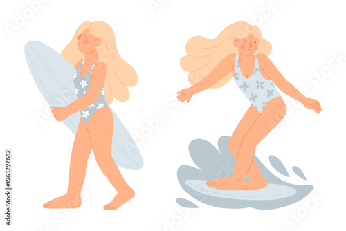 Beautiful women with the surf boards. Cute vector illustrations in cartoon style on white background. Surfer girls in blue swimming suits. Summer vibes
