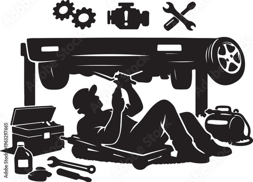 A dedicated mechanic working on the underside of a car