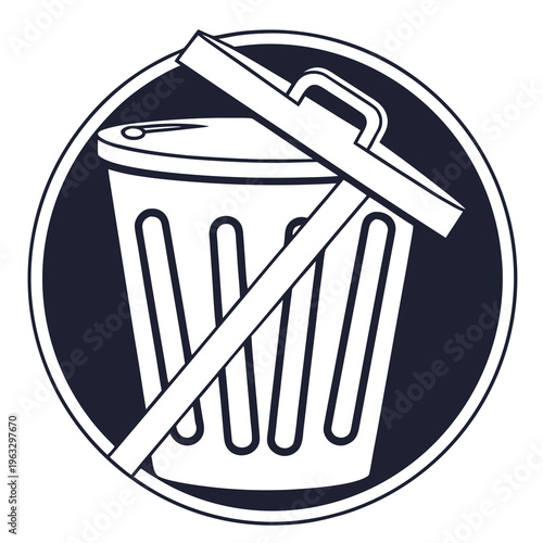 Prohibition sign with trash can icon inside dark circle showing restriction of waste disposal or littering through diagonal line crossing symbol