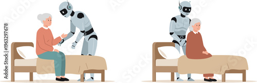 Vector illustration of humanoid robot assisting elderly person with caregiving, support, comfort, and healthcare technology interaction