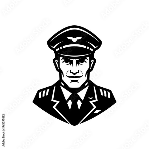 Black and white vector illustration of a male airline pilot wearing a captain uniform