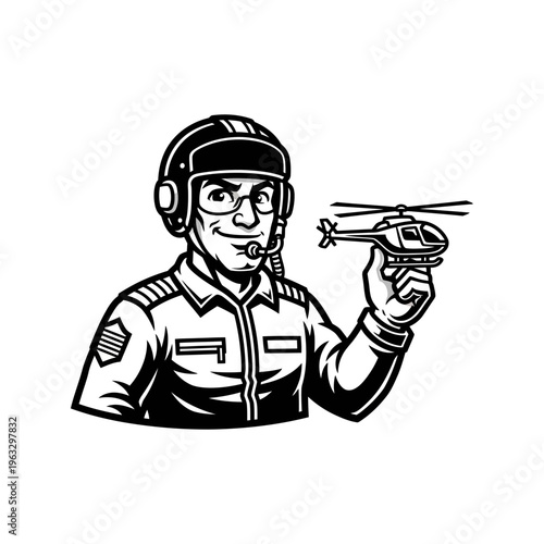 Black and white mascot of a helicopter pilot holding a small helicopter toy