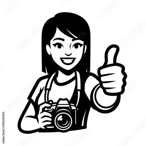 Black and white illustration of a woman holding a camera giving a thumbs up