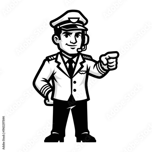 Uniformed airline pilot mascot wearing a headset and pointing forward on white background