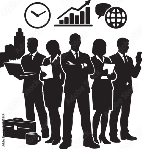 Professional business team standing together with corporate icons above them