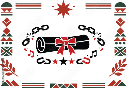 Flat vector illustration of an emancipation scroll, symbolizing freedom and achievement, surrounded by broken chains, musical notes, and stars, within a decorative cultural frame.