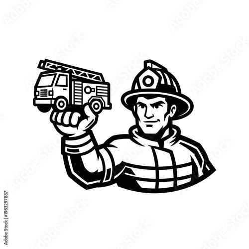 Black and white vector illustration of a firefighter mascot holding a small fire truck