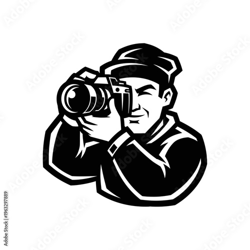 Black and white vector illustration of a male photographer holding a camera isolated