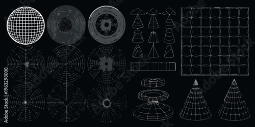 Geometric wireframe structures displayed in a grayscale technical illustration