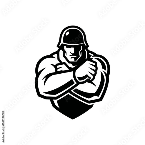 Black and white vector illustration of muscular soldier with crossed arms on white background