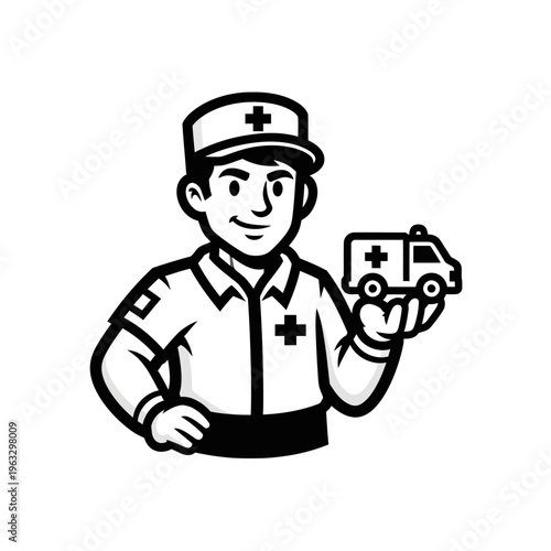 Black and white paramedic mascot holding a small ambulance on a white background