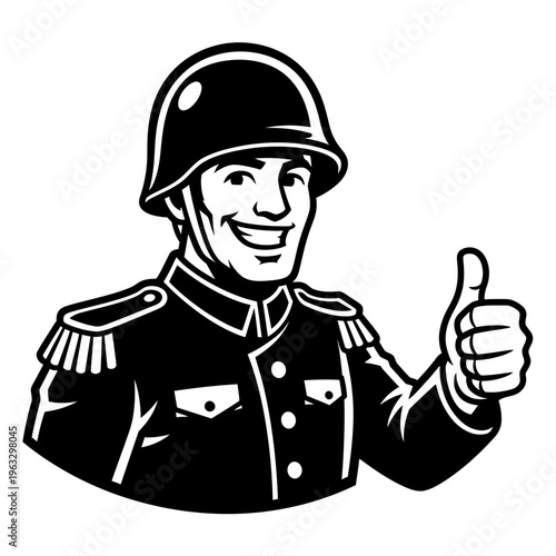 Black and white vector illustration of a smiling soldier giving a thumbs up