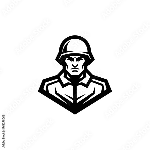 Black and white vector illustration of a soldier mascot isolated on white background