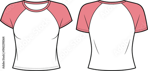 Short sleeve raglan crew neck t-shirt fashion flat sketch, technical drawing template, cad, front and back view, vector, design.