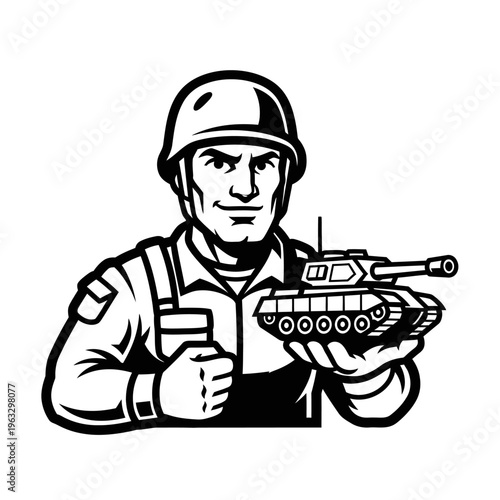 Black and white soldier wearing helmet holding miniature tank on white background flat illustration
