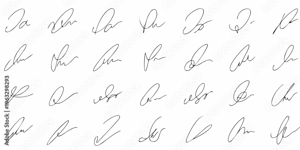 Fototapeta premium Collection of handwritten signatures arranged across a white background