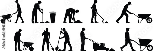 Gardening worker silhouettes vector set with shovel rake wheelbarrow lawn mower outdoor maintenance isolated black figures illustration collection