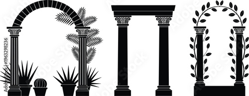 Garden arch and column silhouettes vector set with decorative plants classical pillars isolated black shapes illustration collection architecture design