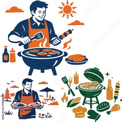 Vibrant vector illustrations showcasing a smiling man grilling delicious food on a barbecue, featuring various outdoor cooking elements and summer picnic scenes under a bright sun.