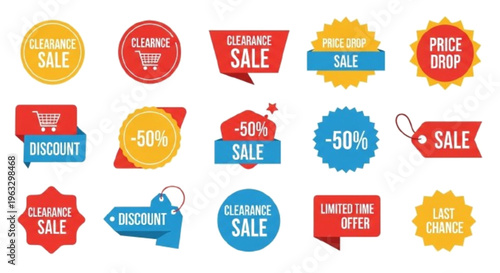 Clearance sale labels, price drop badges, retail discount stickers, simple flat vector, white background
