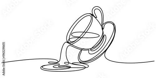 A single continuous line drawing of a tipped tea cup spilling liquid onto a flat surface floor Vector, illustration