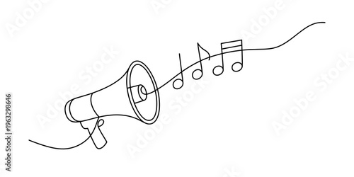 A single continuous line drawing of a megaphone releasing musical notes into the open air space Vector, illustration