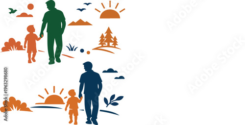 A heartwarming vector illustration depicts a father and his child walking hand-in-hand through a serene natural landscape under a bright sun, symbolizing family bonding and outdoor adventure.