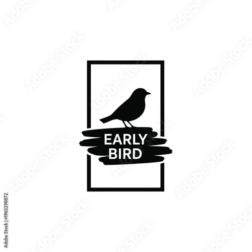 Vector illustration of a black bird perched on a sign with the phrase early bird in a rectangular frame