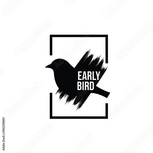Vector illustration of a black bird with 'early bird' text in a square frame design concept