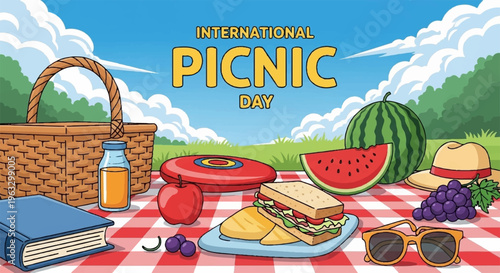International picnic day outdoor setup with food and drinks on red and white checkered blanket