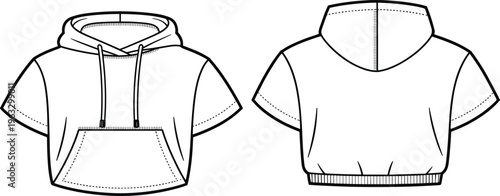 Short-sleeve cropped hoodie, flat sketch, technical drawing, modern casual sportswear design template, front and back view, vector fashion illustration for clothing brand.