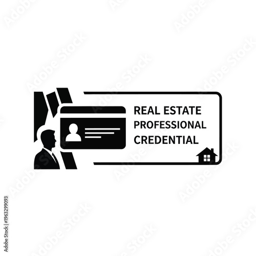 Vector illustration of a real estate professional credential badge with a silhouette of a person and house