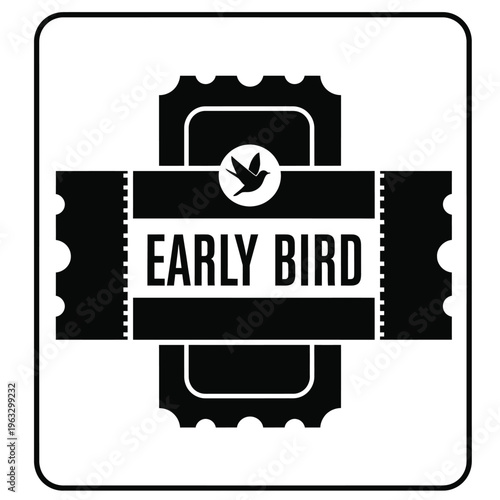 Vector illustration of early bird tickets with bird logo and black and white design elements
