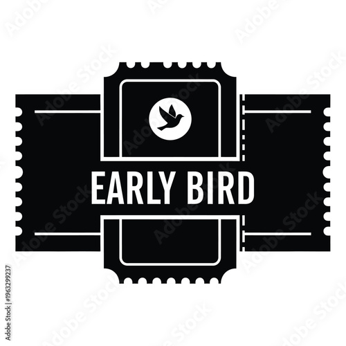 Vector illustration of early bird ticket coupon with bird logo and white text on black background